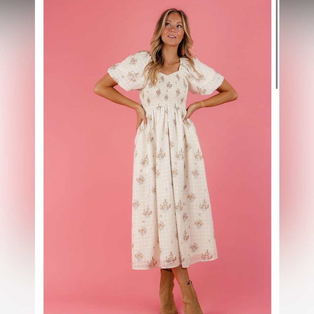 Ivory & Floral Midi Dress w/ Pockets